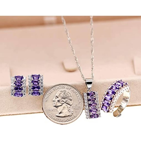 Amethyst Gems Platinum Plated Necklace Earring Ring CZ Cubic Rhinestone - Picture 6 of 8